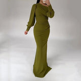 Women Maxi Dress Casual Solid Long Lantern Sleeve Inclined Shoulder Nipped Waist Slim Party Evening Dresses Streetwear