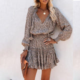 Zjkrl - Fashion Vintage Colorful Floral Print Party Dress Women Spring Summer Elegant V-Neck Drawstring Ruffle Mini Dresses Casual Dress