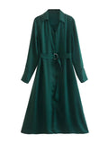 Zjkrl 2023 New Spring Women With Blet Green Satin Shirt Dress Long Sleeve Female Midi Vestidos