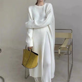 Retro Split Woolen Dress Women Sexy Autumn  White Solid O-neck Soft Long Knitted Dresses Women Clothing Winter Knitwear Chic