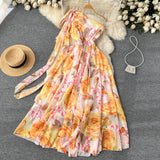 Zjkrl Summer Oblique Chiffon Bohemian Maxi Dress Women's Bow Off One Shoulder Floral Print High Waist Holiday Beach Long Dress