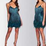 Sequins Tassel Feather Spaghetti Strap Dress Women Fashion Sexy Stitching Mini Dress Evening Party Club Elegant Dress