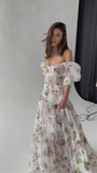 Zjkrl - Amanda Puffy Sleeve Vestido De Novia Flower Printing Prom Gown Corset A-line Prom Dress Princess Off Shoulder