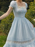 Zjkrl - 2023 Summer Pure Color Lace Midi Dress Office Lady Casual French Elegant Dress Woman Short Sleeve One Piece Dress Korea Fashion