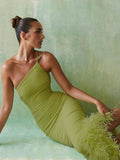Zjkrl Mozision Elegant One Shoulder Feather Bottom Midi Dress For Women Robe Summer New Sleeveless Bodycon Long Dress Clubwear