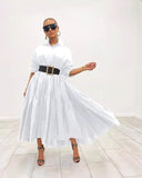 Spring Turn Down Collar Long Shirt Maxi Dress Casual Elegant Puff Sleeve Vintage Vestidos with Belt Black White Robe