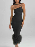 Zjkrl Mozision Elegant One Shoulder Feather Bottom Midi Dress For Women Robe Summer New Sleeveless Bodycon Long Dress Clubwear