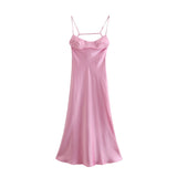 Zjkrl - 2023 New Women Hollow Design Silk Satin Texture Midi Suspender Dress Summer Sexy Revealing Back Slit Slim Pink Dress