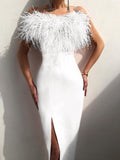 Zjkrl Luxury Feathers Dress Women Sleeveless Spaghetti Strap High Waist Bodycon Slit Mid-calf Wedding Birthday Party Evening Dresses