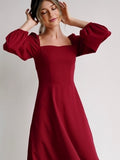 Zjkrl - Churses Red Party Dress New Year Fashion a Line Women Dress Puff Sleeve Zipper Square Collar 2023 New Midi Length Autumn Winter