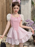 Zjkrl - Elegant Sweet Dress Women Vintage Patchwork Party Mini Dresses Female Korean Fashion Holiday Square Collar Casual Dress Summer
