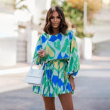 Zjkrl - Casual 3/4 Sleeve Tunics Mini Dress Women Summer 2023 Fashion Floral Print O Neck Green Boho Streetwear Dresses Elegant Vestido