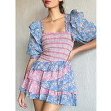 Zjkrl mixed floral prints ruffled party dress puff sleeve square neck smocked sexy laides dress mini chic summer dress