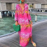 Zjkrl Women Elegant V Neck Loose Party Dress Lady Retro Printing Long Sleeve Holiday Dress Autumn Casual Femme Dress Streetwear