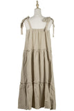 Zjkrl - Khaki Bow Spaghetti Strap Cotton Linen Long Dress Ladies Sexy Backless Pleated Boho Dress Summer Ruffle Slim Casual Beach Dress