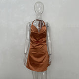 Zjkrl - Backless Rose Red Halter Satin Dress Summer Sleeveless Short Party Club Sundress Bowknot Lace Up Maxi Dress Vestidos