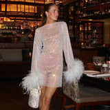 Zjkrl 2023 Sexy Rhinestones Mesh Feathers Dress Women Fashion Tassel See Through Long Sleeve Dress Shinny Sequins Club Party Outfit