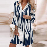 Zjkrl Vintage Print Trumpet Sleeve Boho Beach Dress Women Fashion Lace Patchwork V-Neck Party Dresses Lady Loose A-Line Dress Vestidos