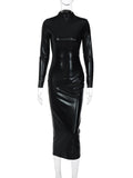Party Dresses For Women Outfits Black Midi Bodycon Dress Sexy Women Turtleneck Long Sleeve Pu Leather Party Dresses Club Elegant Autumn Winter
