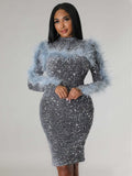 Luxury Evening Dresses for Women Elegant Long Sleeve Backless Sequins Feathers Bodycon Package Hip Night Club Party Dress 2023