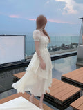 Zjkrl - 2023 Summer Chiffion Elegant Midi Dress Women Kawaii Clothing Short Sleeve Beach Style Party Dress Office Lady Korean Fashion