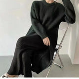 Retro Split Woolen Dress Women Sexy Autumn  White Solid O-neck Soft Long Knitted Dresses Women Clothing Winter Knitwear Chic