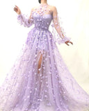 Zjkrl Women&#39;s Fashion 3D Flower Embroidered Mesh Tulle Dress Party Night Nightclub Purple Gauze Evening Prom Dress Female See Through