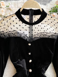 Zjkrl - Autumn Women Black Mesh Patchwork Velvet Party Dress Elegant Stand Collar Flare Long Sleeve Ruffle Mermaid Robe Female 2023 New