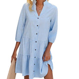 Zjkrl - Elegant Commuter Plaid Print Dresses Women Stand-up Collar Single Breasted Cardigan Dressy Female Three Segment Half Sleeve Gown