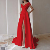 Zjkrl - Female Elegant Temperament Party Dresses Fashion V-neck Sleeveless High Waist Long Dress Solid Pleated Split Women Evening Dress