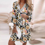 Zjkrl Vintage Print Trumpet Sleeve Boho Beach Dress Women Fashion Lace Patchwork V-Neck Party Dresses Lady Loose A-Line Dress Vestidos