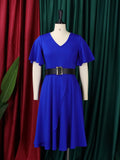 Zjkrl Women Dress A Line Ruffle Eleagant Party with Waist Belt Blue Short Sleeve Office Lady Classy Modest Robe Fit Autumn New Fashion