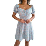 Zjkrl - 2023 New Casual Short Sleeve Square Neck Lace-up Dress Retro Women Floral Printed Mini Dress Ladies Fashion Slim Office Dresses