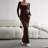Zjkrl - Fashion 2023 Autumn Woman Square Collar Long Sleeve Knitting Dress Streetwear Elegant Female High Waist Bodycon Office Dresses