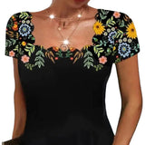 Zjkrl 2023 Summer Women&#39;s Wavy Neck Print Short-sleeve Dress Elegant Casual Floral Theme Printed Female Fashionable Knee Length Dress