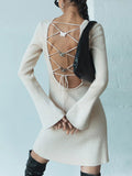 Zjkrl - Knitted Sweater Dress Women Sexy Backless Lace Up Mini Dress Female Round Neck Elegant Flare Long Sleeve Club Party Dresses
