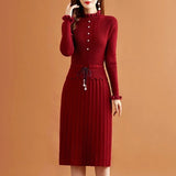 Zjkrl - Fake Two Pieces Pleated Knitted Dress Women Vintage Ruffle Long Sleeve Bottoming Sweater Dresses Fall Casual Slim Midi Vestidos