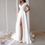 Zjkrl Elegant Casual Women's Dresses Sexy V-neck Side Slit Backless White Long Skirt Wedding Banquet Bridesmaid Dress Evening Gown