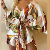 Sexy Large V Neck Bat Sleeve Dresses Casual Women's Spring Summer Fashion Print High Waist Lace-up Cotton Slim Fit Ladies Dressy
