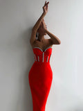 New Women&#39;S Fashion Bead Chain Crystal Design Long Dress Sexy Sleeveless Backless Celebrity Party Bandage Dress