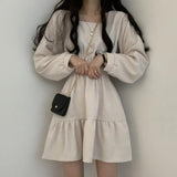 Zjkrl Women Long Sleeve Dresses Solid Color Square Collar A-line Sweet Vintage Design High Waist Mini Length Soft Chic Korean Elegant