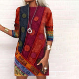 Zjkrl Elegant Round Neck Geometric Printing Long Sleeve A-line Skirt Autumn Winter New Fashion Patchwork Slim Mini Dress Women