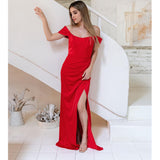 New Summer Dresses Women'S Suspenders Short-sleeved Solid Color Dress One-word Neck Halter Fishbone Slit Red Sexy Dress