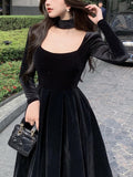 Zjkrl Velvet Elegant Evening Party Midi Dresses Ladies Black France Vintage Dress Women New Winter Korean One-piece Dress Autumn