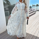Zjkrl - Elegant Stand Collar Button Shirt Dress Sexy Lace Embroidery Stitch Long Dress Lady Casual Long Sleeve Hollow Solid Party Dress