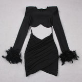 Zjkrl - 2023 Fashion Feather Mesh  Bandage Womens Two Peice Sets Blazer Mujer Top Mini Dress Sexy Dresses
