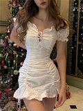 Zjkrl - Ruffles Vintage Dress Women Summer Ruched Elegant White Short Sleeve Ladies Dress Beach Party