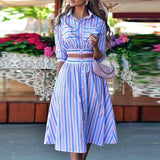 Zjkrl - Autumn Fashion Striped Print Two Piece Sets Casual 3/4 Sleeve Women Outfits Elegant Turn-down Collar Button Blouse + Skirts