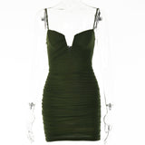 Spaghetti Strap Ruched Dress Women 2023 Spring Sexy Slim Elegant Clubwear Solid Sleeveless Backless Sheath Dress Female