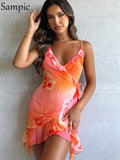 Sampic Floral Print Ruffles Spahetti Strap Mini Dress Summer Women Beach Sexy Sleeveless Backless Short Dresses Y2K Club Party